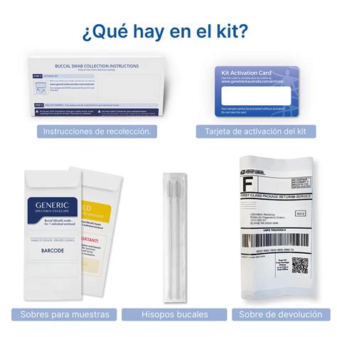 Ilustración de un kit de prueba de paternidad casero y sus componentes.