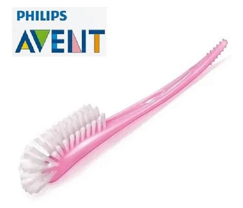 Esquema detallado del cepillo para biberones Philips Avent mostrando el cabezal curvo y la punta moldeada