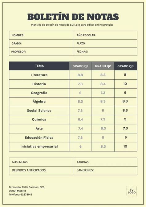 Imagen de un boletín de notas escolar con calificaciones y comentarios