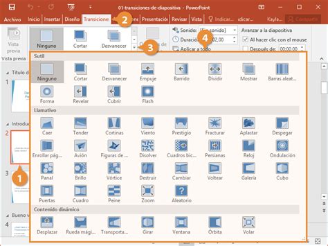 Esquema de la pestaña Transiciones en PowerPoint mostrando el ajuste de Duración y el avance automático de diapositivas.
