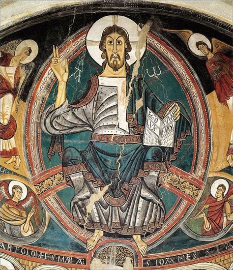 Esquema visual que muestra la figura de Cristo en Majestad (Pantocrátor) rodeado por los cuatro símbolos del Tetramorfos (hombre, león, toro y águila) en un ábside románico.