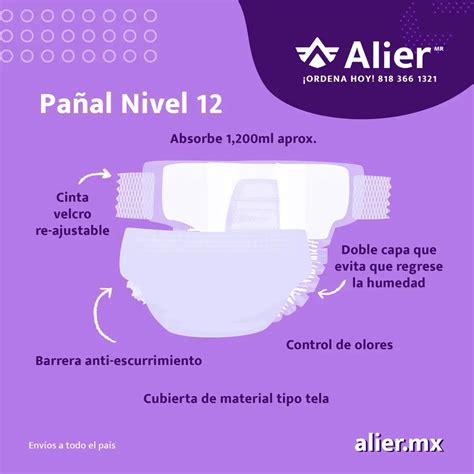 Infografía mostrando las capas de un pañal para adulto y sus funciones (absorción, retención, barrera antifugas).