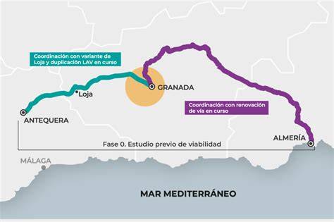 Mapa de la ruta ferroviaria entre Antequera y Granada destacando la conexión entre ambas ciudades andaluzas.