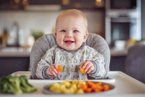 Bebé sonriente sentado en la trona mientras explora diferentes verduras cocidas con sus manos, siguiendo el método BLW.