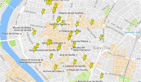 Mapa de Sevilla con puntos indicando la ubicación de clínicas de fertilidad