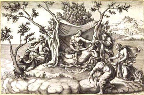 Ilustración artística del nacimiento de Apolo y Artemisa en la isla de Delos con Leto bajo una palmera