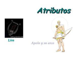 Esquema de los atributos de Apolo: arco, lira, trípode oracular y rama de laurel