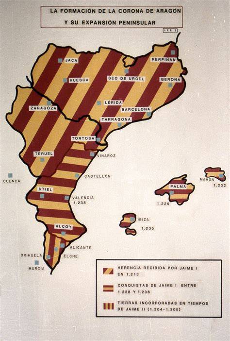 Esquema de las posesiones de la Corona de Aragón a principios del siglo XIII y sus futuras expansiones