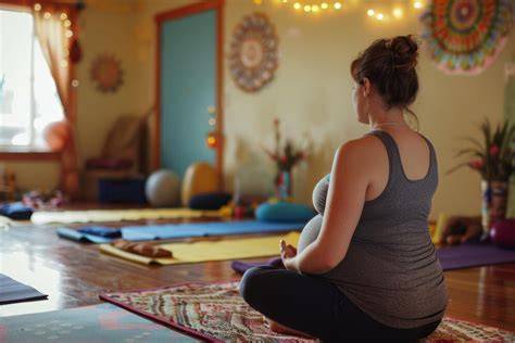 Mujer embarazada practicando yoga prenatal.