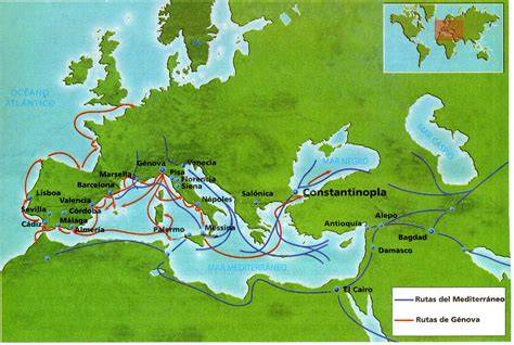 Mapa antiguo del Mediterráneo occidental destacando la región de Génova y las rutas comerciales del siglo XV.