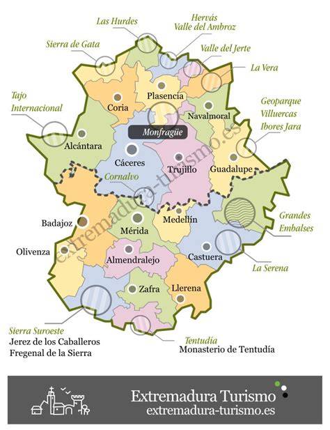 Mapa turístico de Extremadura destacando los principales puntos de interés infantil y natural