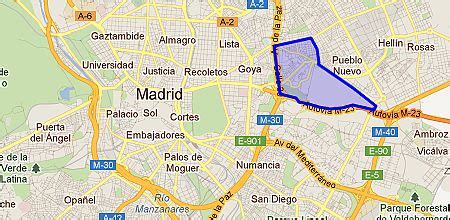 Mapa de ubicación del barrio de Las Ventas en Madrid, destacando su proximidad a la plaza de toros.