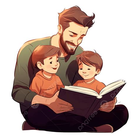Ilustración de un padre leyendo un libro con su hijo, ambos señalando las imágenes.