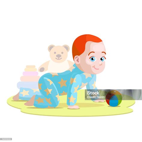 Ilustración de un bebé gateando en un pijama saco con pies