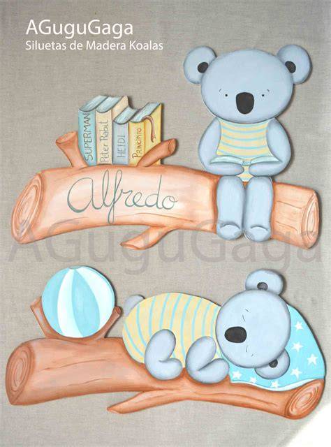 Siluetas de madera de Koalas como elemento decorativo en la pared de la habitación de bebé