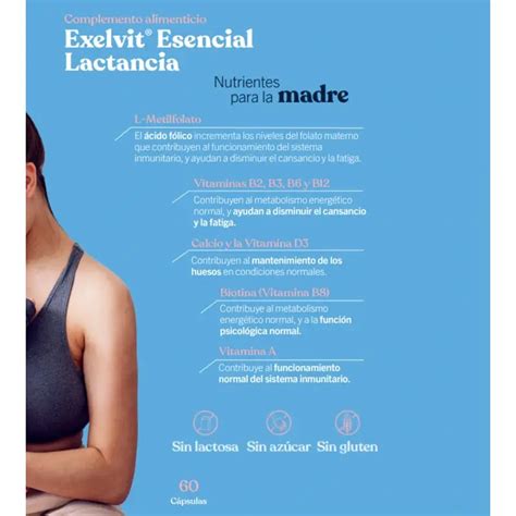 infografía sobre los ingredientes clave de Exelvit Esencial y sus beneficios durante el embarazo