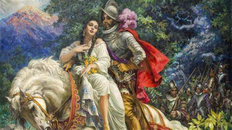 Ilustración de la Malinche sirviendo como intérprete a Hernán Cortés