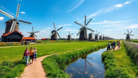 Molinos de viento y paisajes verdes en Países Bajos