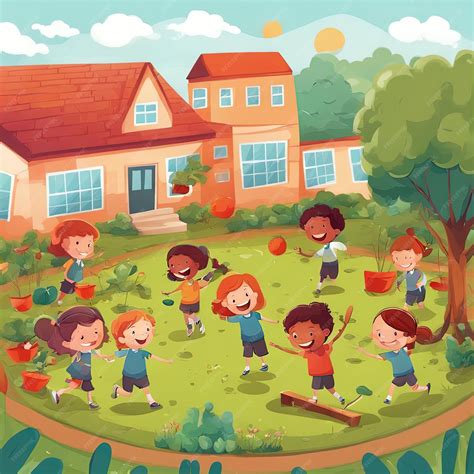 Ilustración de niños jugando en un jardín de infancia