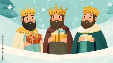 ilustracion de los Reyes Magos con un décimo de lotería del Niño y regalos