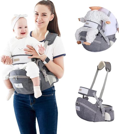 Diseño de silla portabebé con indicaciones de seguridad (arnés de cinco puntos, reposapiés ajustables, protección lateral, reflectores)