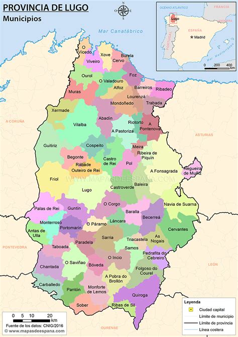 Mapa de la provincia de Lugo, Galicia destacando la ciudad