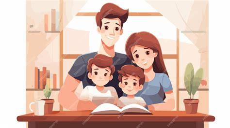Familia aprendiendo sobre el planeta con ilustraciones animadas