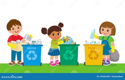 Niños separando basura para reciclar en diferentes contenedores