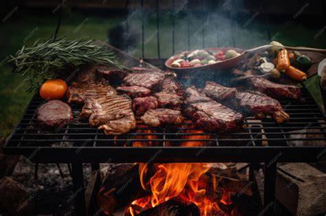 Cabrito asado a la parrilla sobre brasas, con humo y llamas