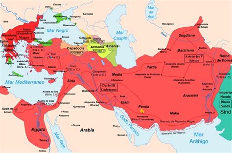 Mapa del Imperio de Alejandro Magno y la distribución posterior de los reinos helenísticos, destacando Egipto.