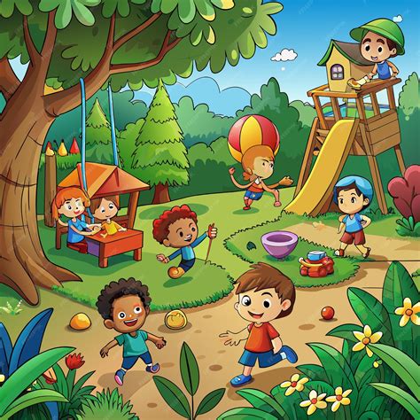 Ilustración de niños jugando en un parque infantil de una casa rural