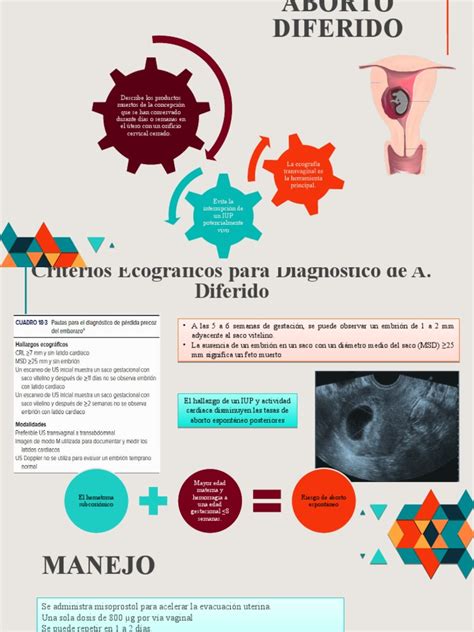 Infografía mostrando los diferentes métodos de diagnóstico para el aborto diferido: ecografía, análisis de sangre y examen físico.