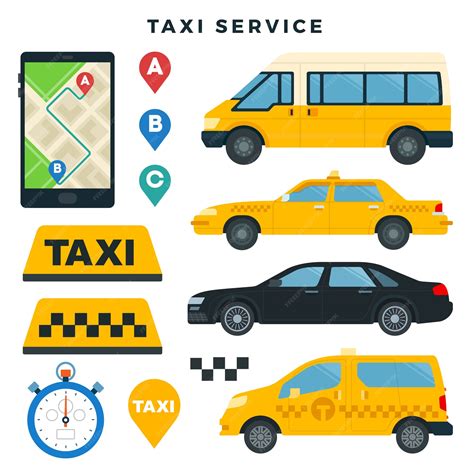 Ilustración de diferentes tipos de taxis (estándar, XL, Van, Premium) con sus capacidades.