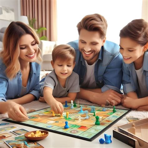 Foto temática de una familia jugando a juegos de mesa en la mesa del salón