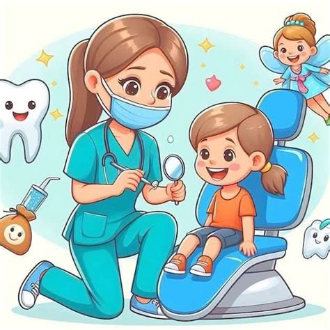 Ilustración de un dentista infantil jugando con un niño mientras le examina la boca.