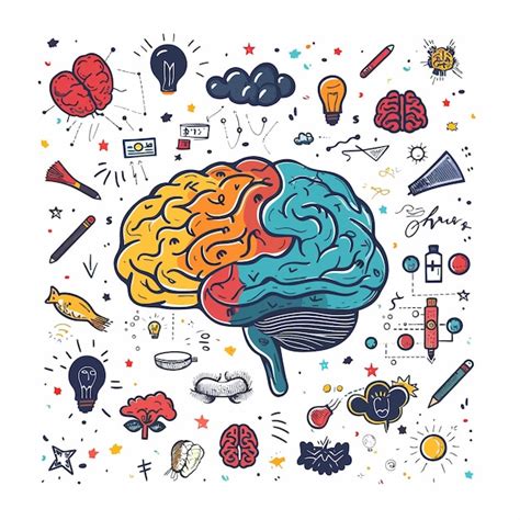 Ilustración abstracta de un cerebro soñando con símbolos de creatividad y bloqueo