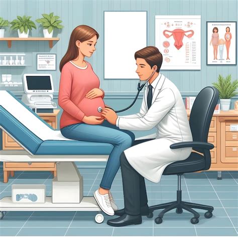 Ilustración de una gata embarazada siendo examinada por un veterinario