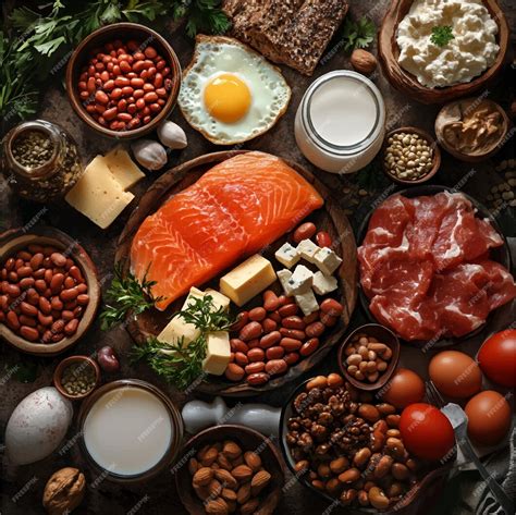 ilustración de varios alimentos ricos en proteínas: pescado, legumbres, huevo, carne magra