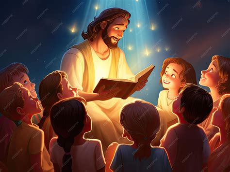 Ilustración infantil que representa a Jesús contando historias a un grupo de niños en un entorno natural.