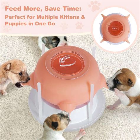 Soporte para biberón de cachorros con biberón Nourrinou Bibi y varios cachorros alimentándose