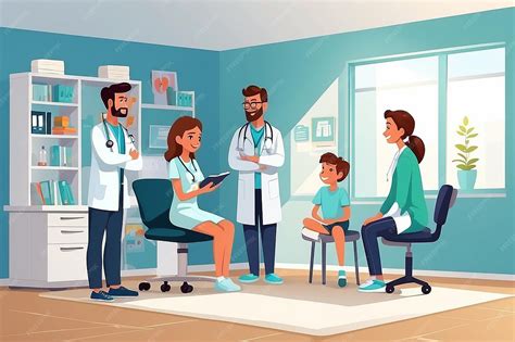 Ilustración de una familia recibiendo apoyo y asesoramiento en un centro de salud.