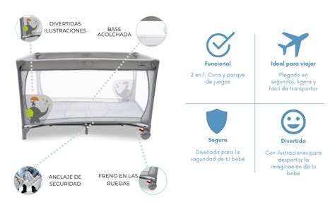 Infografía detallando las características de la cuna de viaje Asalvo, con iconos representando cada función: plegado compacto, resistencia al agua, base acolchada, bolsa de transporte, ruedas con freno, doble cierre de seguridad, arco de juegos y cambiador.