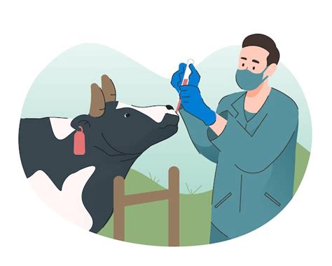 Ilustración de un veterinario realizando un examen o aplicando tratamiento a una vaca