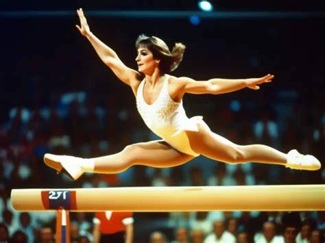 Fotografía histórica de Nadia Comăneci realizando una rutina en las barras asimétricas durante los Juegos Olímpicos de Montreal 1976.