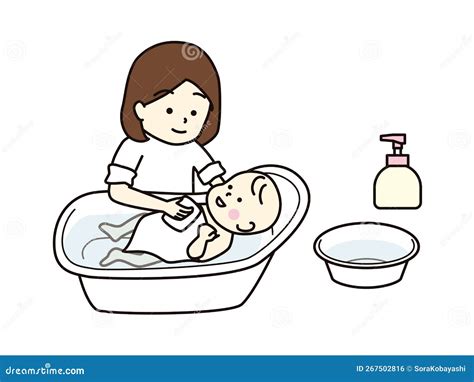 Ilustración de padres bañando a su bebé con una sonrisa.