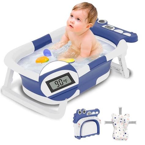 Esquema de una bañera ergonómica para bebés con termómetro integrado.