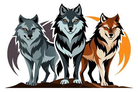 Ilustración de tres lobos o figuras humanoides de Alfa