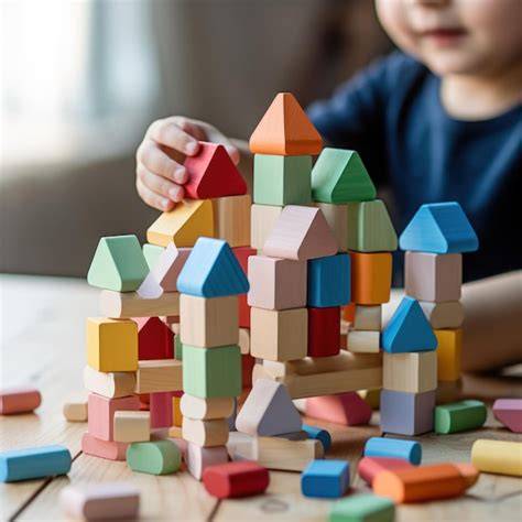 Niño de 4 años construyendo una casa de bloques de colores