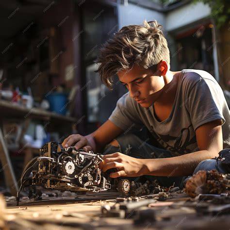 Adolescente construyendo una maqueta detallada de un robot