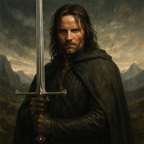 Ilustración conceptual de Aragorn con la espada reforjada Andúril.
